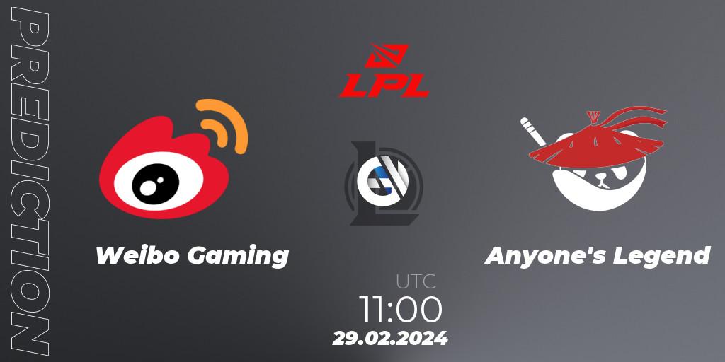 Pronóstico Weibo Gaming - Anyone's Legend. 29.02.24, LoL, LPL Spring 2024 - Group Stage