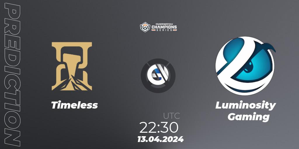 Pronóstico Timeless - Luminosity Gaming. 13.04.2024 at 22:30, Overwatch, Overwatch Champions Series 2024 - North America Stage 2 Group Stage