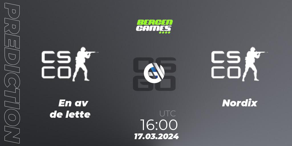 Pronóstico En av de lette - Nordix Esport. 17.03.2024 at 16:00, Counter-Strike (CS2), Bergen Games 2024