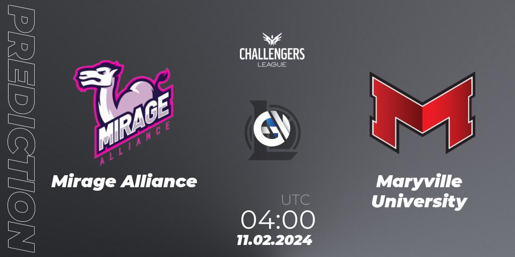 Pronóstico Mirage Alliance - Maryville University. 11.02.2024 at 04:00, LoL, NACL 2024 Spring - Group Stage