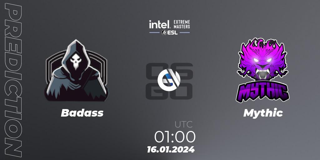 Pronóstico Badass - Mythic. 16.01.2024 at 01:00, Counter-Strike (CS2), Intel Extreme Masters China 2024: North American Open Qualifier #1