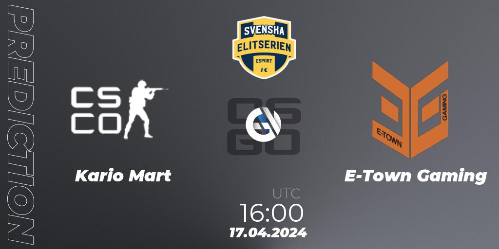 Pronóstico Kario Mart - E-Town Gaming. 17.04.2024 at 16:10, Counter-Strike (CS2), Svenska Elitserien Spring 2024