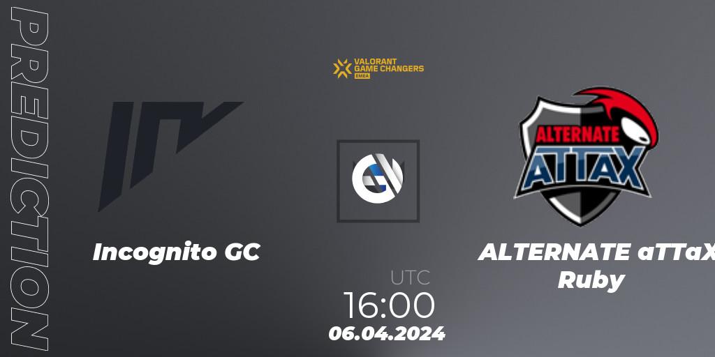 Pronóstico Incognito GC - ALTERNATE aTTaX Ruby. 06.04.2024 at 16:00, VALORANT, VCT 2024: Game Changers EMEA Contenders Series 1