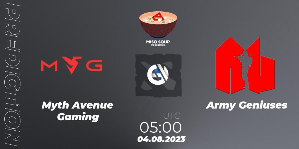 Pronóstico Myth Avenue Gaming - Army Geniuses. 04.08.2023 at 08:17, Dota 2, Moon Studio Miso Soup