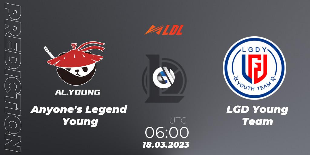 Pronóstico Anyone's Legend Young - LGD Young Team. 18.03.2023 at 06:00, LoL, LDL 2023 - Regular Season