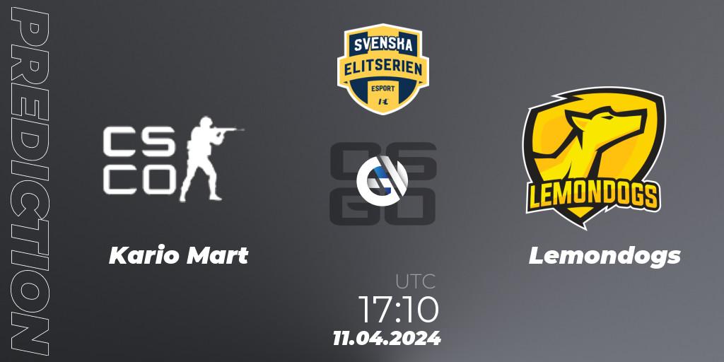 Pronóstico Kario Mart - Lemondogs. 11.04.2024 at 17:10, Counter-Strike (CS2), Svenska Elitserien Spring 2024