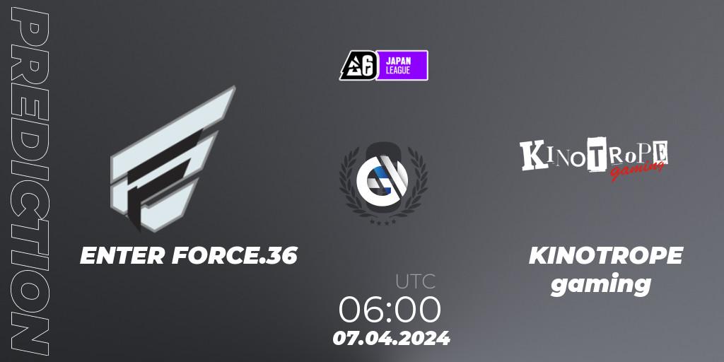 Pronóstico ENTER FORCE.36 - KINOTROPE gaming. 07.04.2024 at 06:00, Rainbow Six, Japan League 2024 - Stage 1