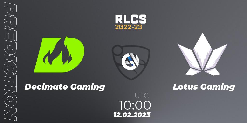 Pronóstico Decimate Gaming - Lotus Gaming. 12.02.2023 at 11:00, Rocket League, RLCS 2022-23 - Winter: Asia-Pacific Regional 2 - Winter Cup