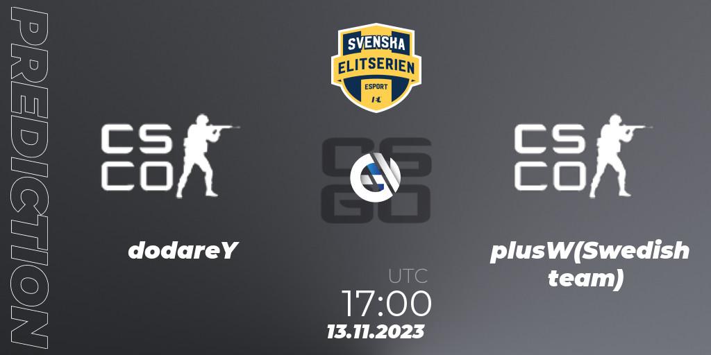 Pronóstico dodareY - plusW(Swedish team). 13.11.2023 at 17:00, Counter-Strike (CS2), Svenska Elitserien Fall 2023: Online Stage