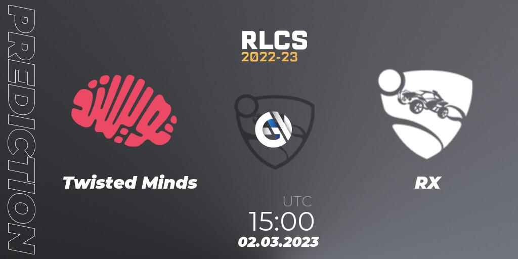 Pronóstico Twisted Minds - RX. 02.03.2023 at 15:00, Rocket League, RLCS 2022-23 - Winter: Middle East and North Africa Regional 3 - Winter Invitational