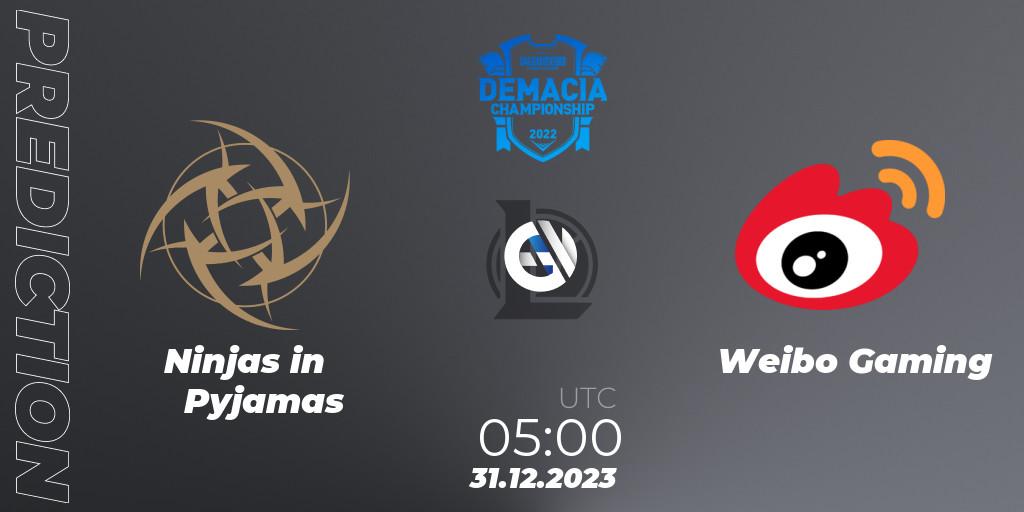 Pronóstico Ninjas in Pyjamas - Weibo Gaming. 31.12.2023 at 05:00, LoL, Demacia Cup 2023 Playoffs