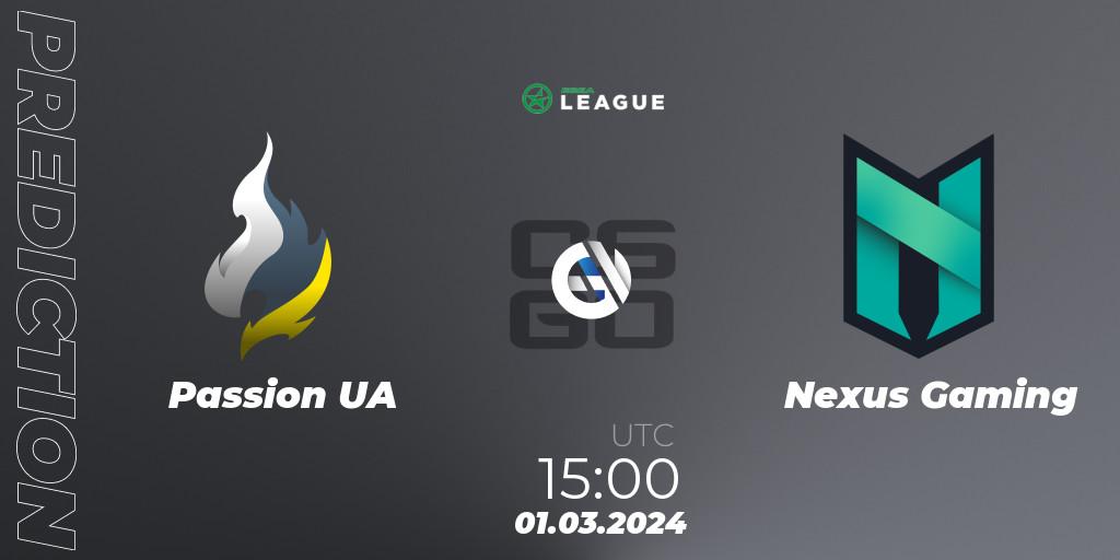 Pronóstico Passion UA - Nexus Gaming. 01.03.24, CS2 (CS:GO), ESEA Season 48: Advanced Division - Europe