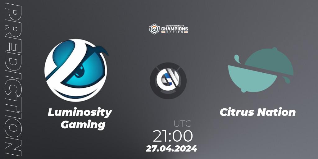 Pronóstico Luminosity Gaming - Citrus Nation. 27.04.2024 at 21:00, Overwatch, Overwatch Champions Series 2024 - North America Stage 2 Main Event