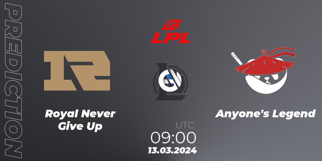 Pronóstico Royal Never Give Up - Anyone's Legend. 13.03.24, LoL, LPL Spring 2024 - Group Stage