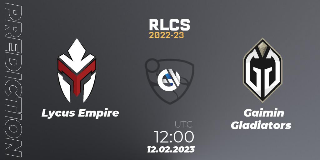 Pronóstico Lycus Empire - Gaimin Gladiators. 12.02.2023 at 12:15, Rocket League, RLCS 2022-23 - Winter: Asia-Pacific Regional 2 - Winter Cup