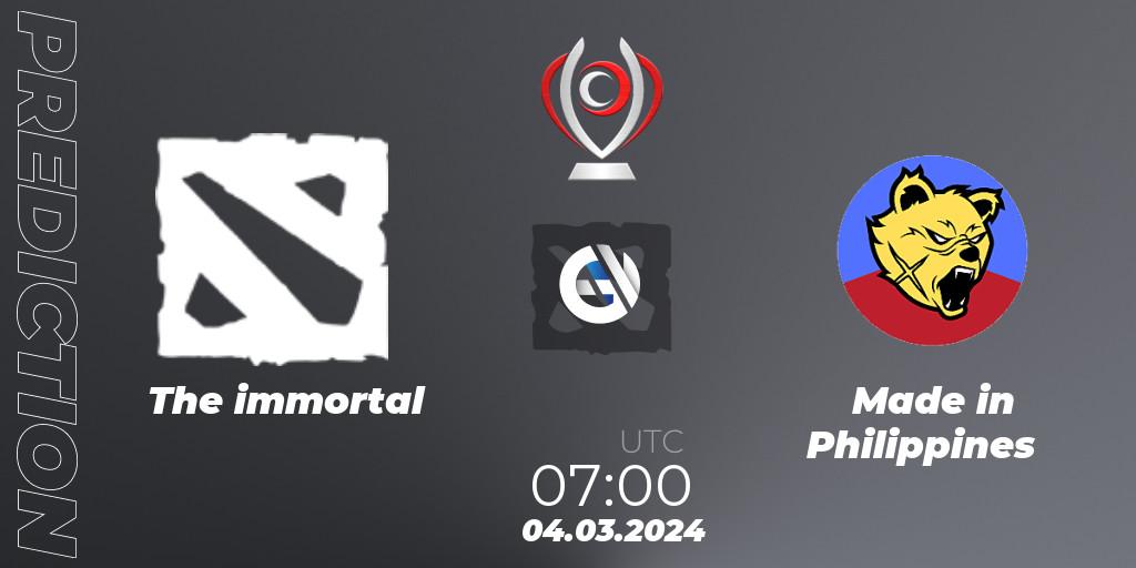 Pronóstico The immortal - Made in Philippines. 04.03.2024 at 07:00, Dota 2, Opus League