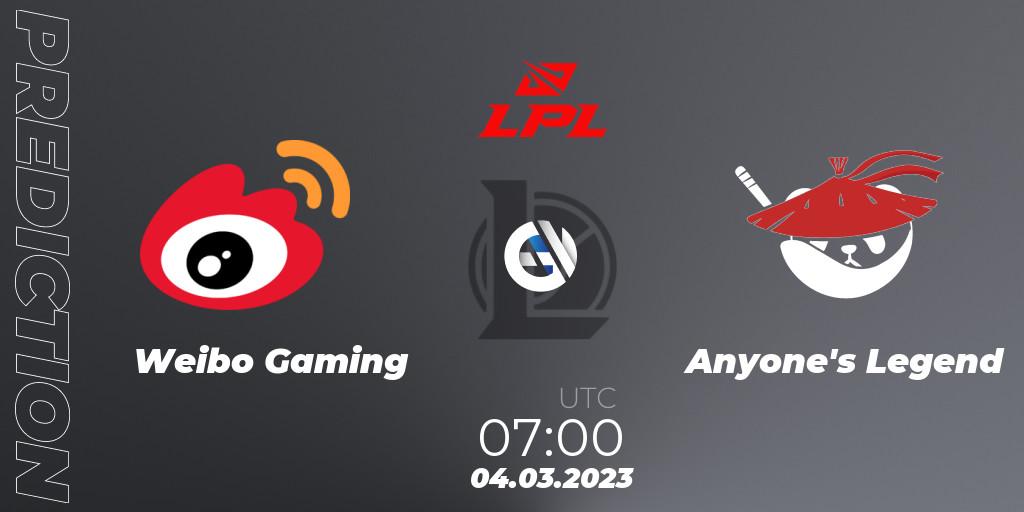 Pronóstico Weibo Gaming - Anyone's Legend. 04.03.2023 at 07:00, LoL, LPL Spring 2023 - Group Stage