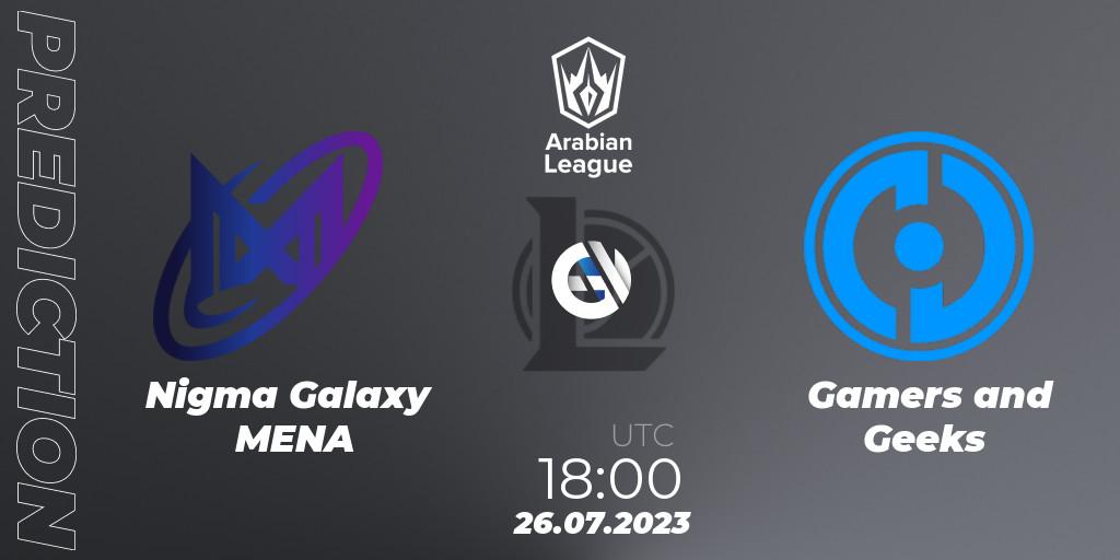 Pronóstico Nigma Galaxy MENA - Gamers and Geeks. 26.07.23, LoL, Arabian League Summer 2023 - Group Stage