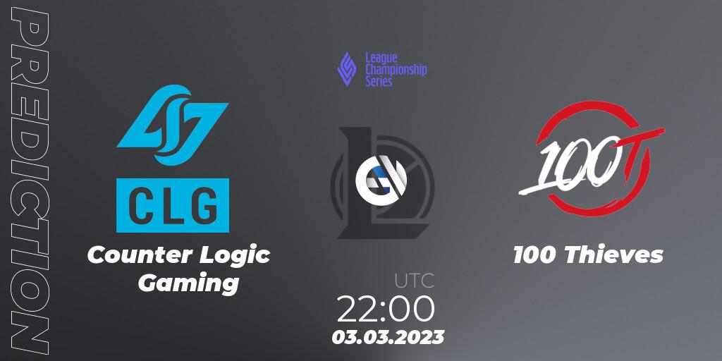 Pronóstico Counter Logic Gaming - 100 Thieves. 17.02.2023 at 00:00, LoL, LCS Spring 2023 - Group Stage