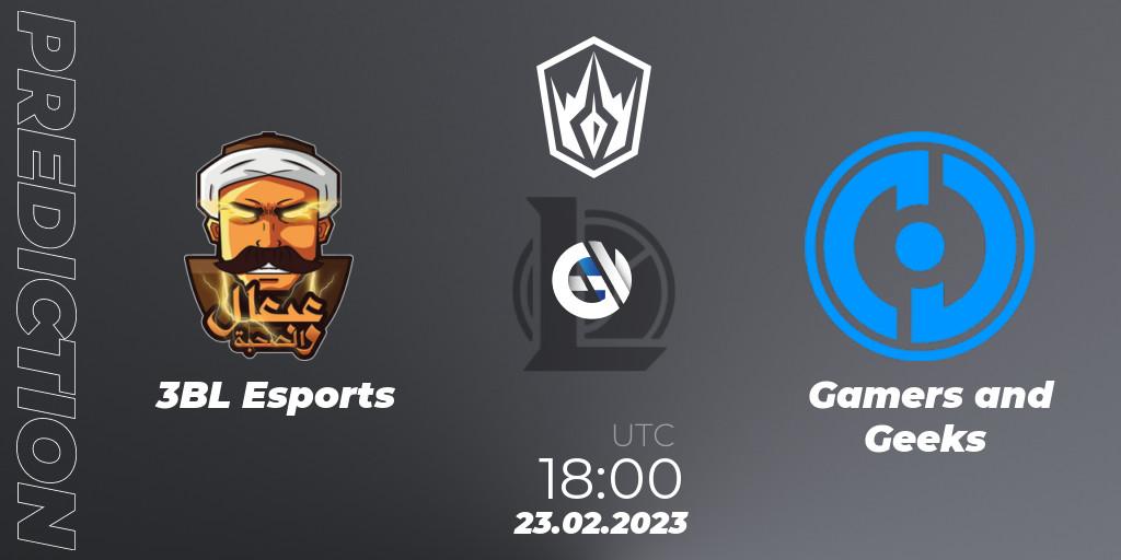 Pronóstico 3BL Esports - Gamers and Geeks. 23.02.2023 at 18:15, LoL, Arabian League Spring 2023