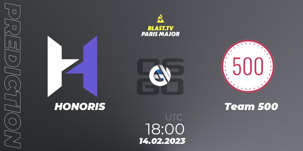 Pronóstico HONORIS - Team 500. 14.02.2023 at 18:00, Counter-Strike (CS2), BLAST.tv Paris Major 2023 Europe RMR Open Qualifier