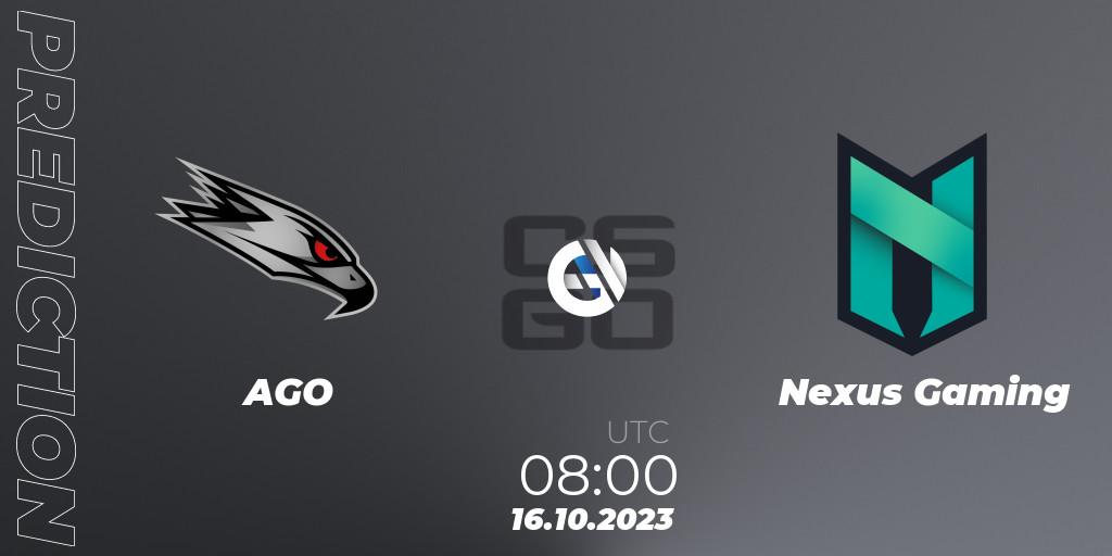 Pronóstico AGO - Nexus Gaming. 16.10.2023 at 09:00, Counter-Strike (CS2), European Pro League Season 11: Division 2