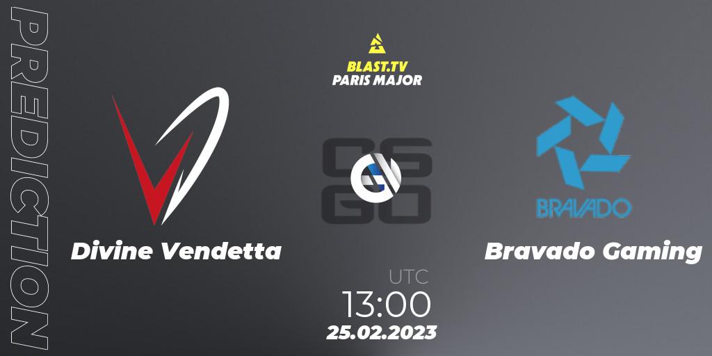 Pronóstico Divine Vendetta - Bravado Gaming. 25.02.2023 at 13:00, Counter-Strike (CS2), BLAST.tv Paris Major 2023 Middle East RMR Closed Qualifier