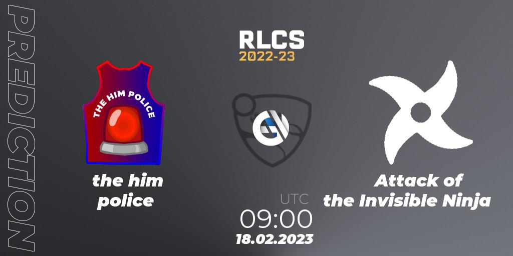 Pronóstico the him police - Attack of the Invisible Ninja. 18.02.2023 at 09:00, Rocket League, RLCS 2022-23 - Winter: Oceania Regional 2 - Winter Cup