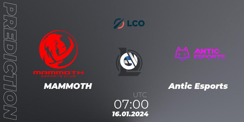 Pronóstico MAMMOTH - Antic Esports. 16.01.24, LoL, LCO Split 1 2024 - Group Stage