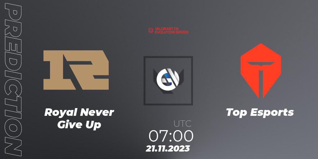 Pronóstico Royal Never Give Up - Top Esports. 21.11.2023 at 07:00, VALORANT, VALORANT China Evolution Series Act 3: Heritability