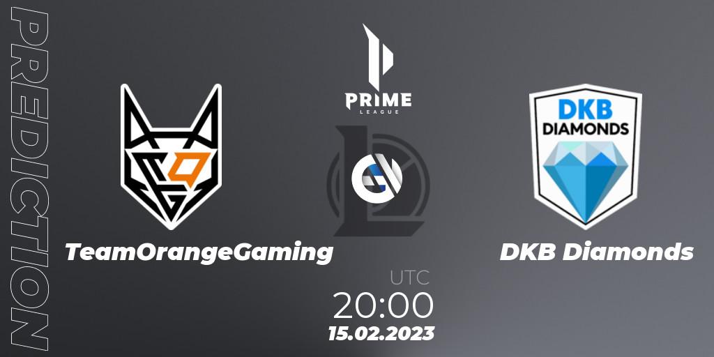 Pronóstico TeamOrangeGaming - DKB Diamonds. 15.02.2023 at 20:00, LoL, Prime League 2nd Division Spring 2023 - Group Stage