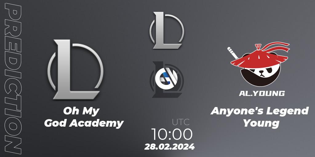 Pronóstico Oh My God Academy - Anyone's Legend Young. 28.02.2024 at 10:00, LoL, LDL 2024 - Stage 1
