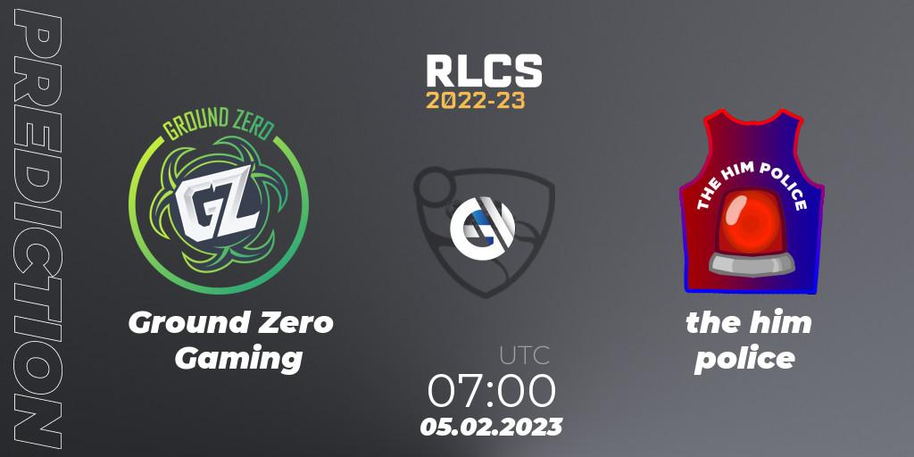 Pronóstico Ground Zero Gaming - the him police. 05.02.2023 at 07:00, Rocket League, RLCS 2022-23 - Winter: Oceania Regional 1 - Winter Open