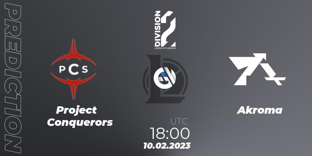Pronóstico Project Conquerors - Akroma. 10.02.2023 at 18:15, LoL, LFL Division 2 Spring 2023 - Group Stage