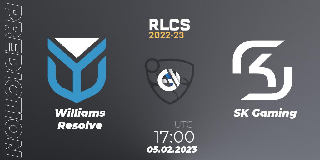 Pronóstico Williams Resolve - SK Gaming. 05.02.2023 at 17:00, Rocket League, RLCS 2022-23 - Winter: Europe Regional 2 - Winter Cup: Closed Qualifier