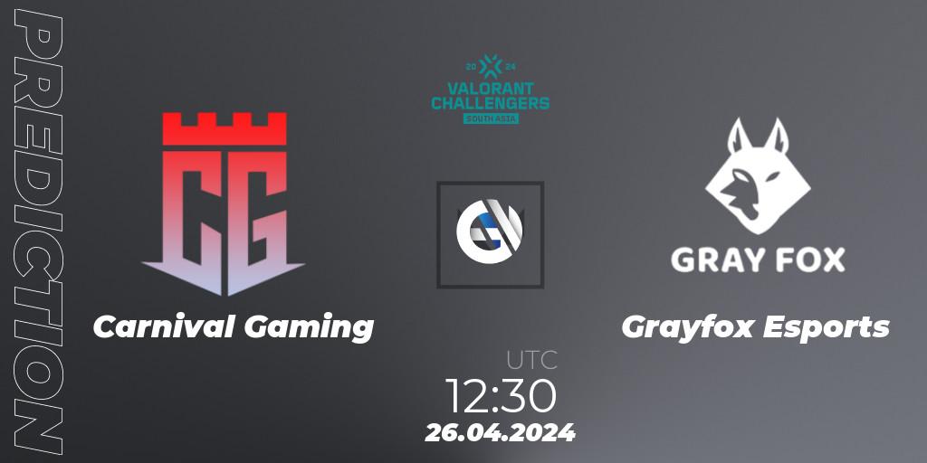 Pronóstico Carnival Gaming - Grayfox Esports. 26.04.2024 at 12:30, VALORANT, VALORANT Challengers 2024 South Asia: Split 1 - Cup 2
