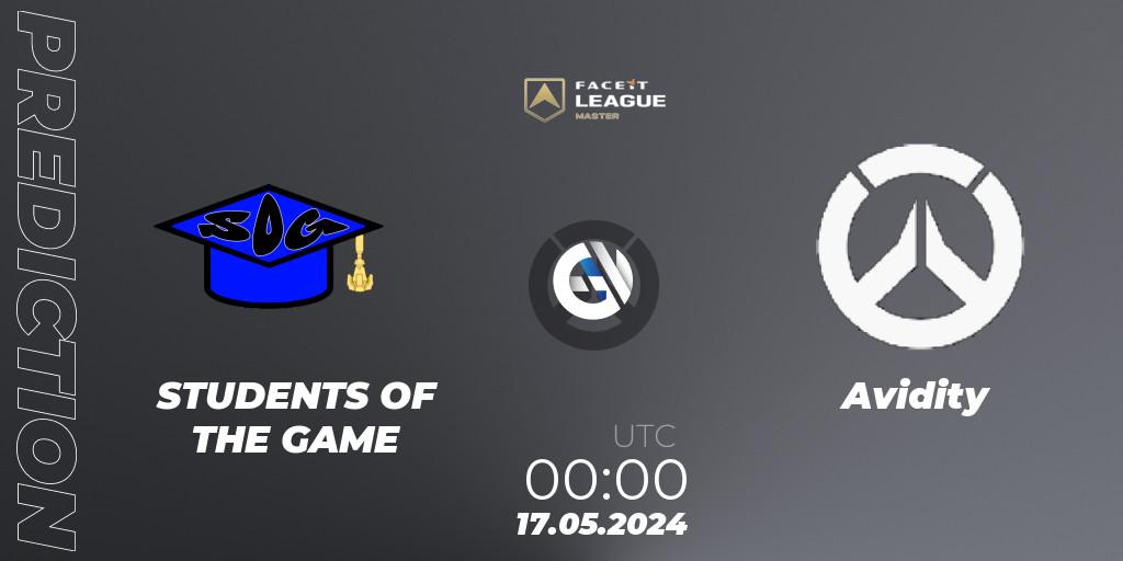 Pronóstico STUDENTS OF THE GAME - Avidity. 17.05.2024 at 00:00, Overwatch, FACEIT League Season 1 - NA Master Road to EWC