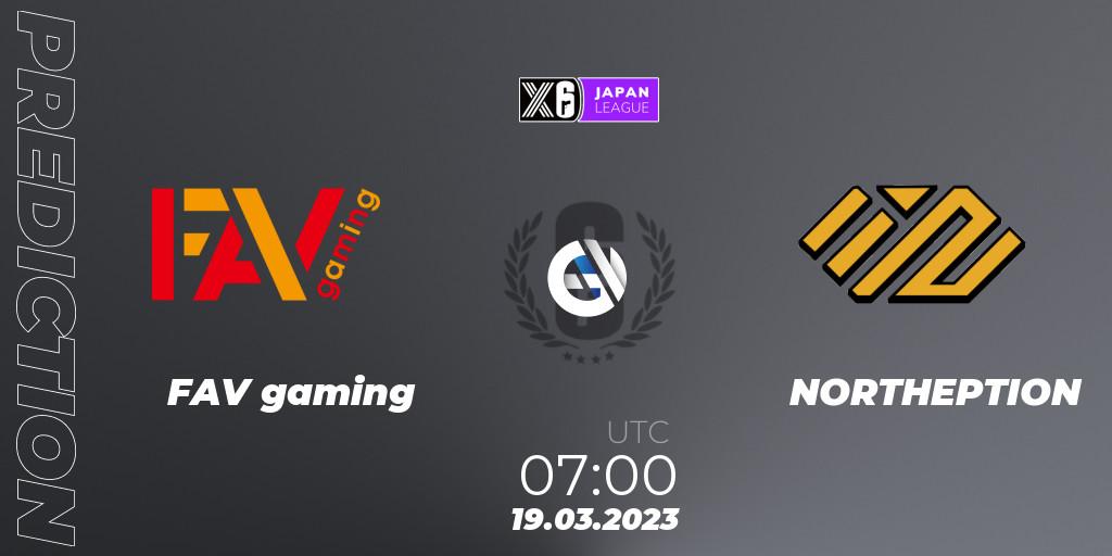 Pronóstico FAV gaming - NORTHEPTION. 19.03.2023 at 07:00, Rainbow Six, Japan League 2023 - Stage 1