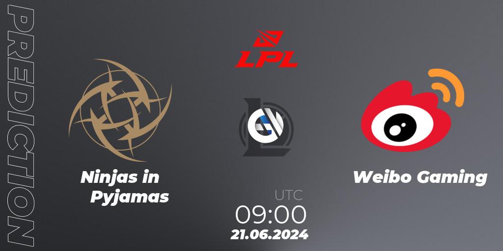 Pronóstico Ninjas in Pyjamas - Weibo Gaming. 21.06.2024 at 11:00, LoL, LPL 2024 Summer - Group Stage