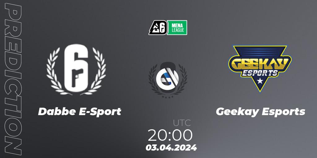 Pronóstico Dabbe E-Sport - Geekay Esports. 03.04.2024 at 20:45, Rainbow Six, MENA League 2024 - Stage 1