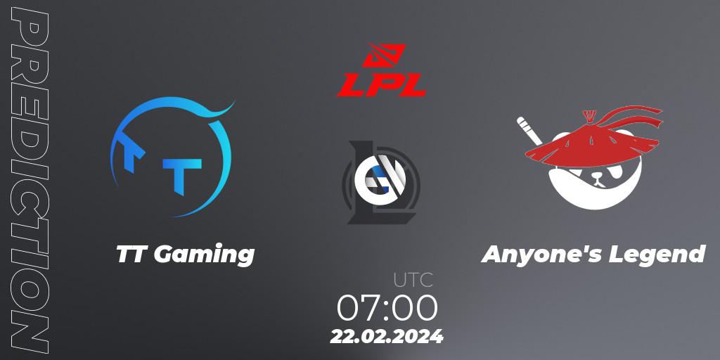 Pronóstico TT Gaming - Anyone's Legend. 22.02.24, LoL, LPL Spring 2024 - Group Stage
