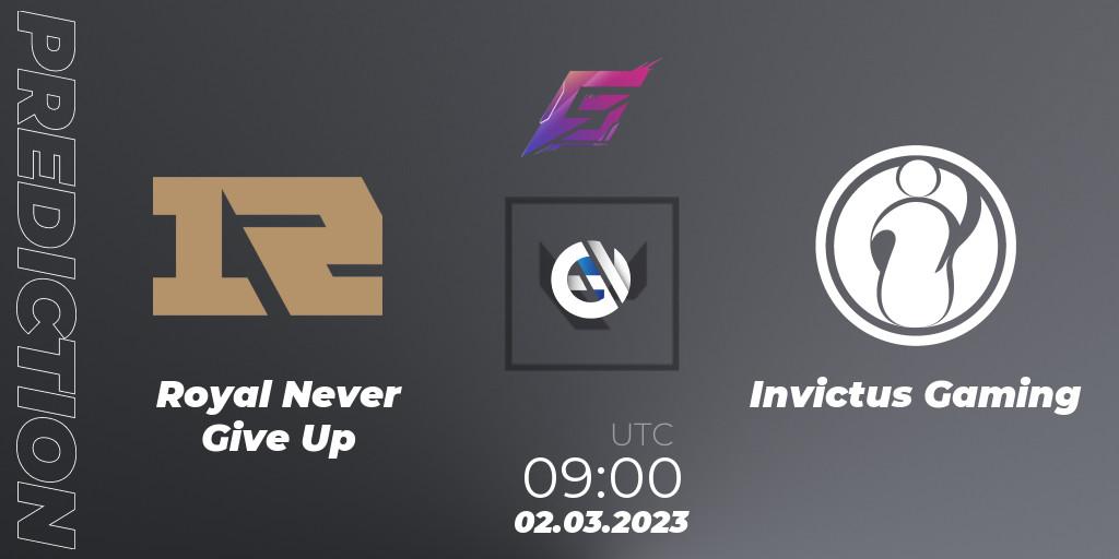 Pronóstico Royal Never Give Up - Invictus Gaming. 02.03.2023 at 09:00, VALORANT, FGC Valorant Invitational 2023: Act 1 - Open Qualifier