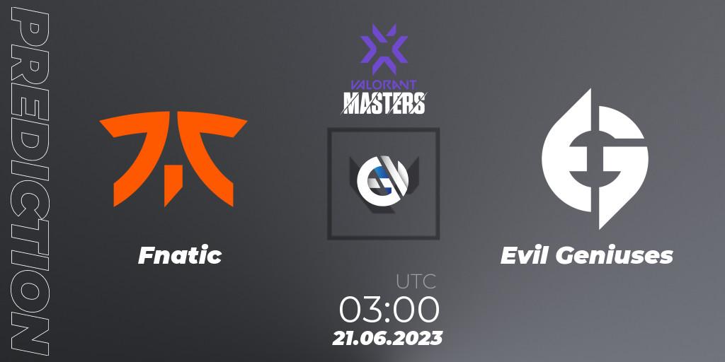 Pronóstico Fnatic - Evil Geniuses. 21.06.2023 at 03:10, VALORANT, VCT 2023 Masters Tokyo