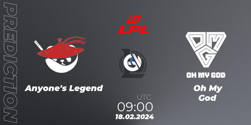 Pronóstico Anyone's Legend - Oh My God. 18.02.2024 at 09:00, LoL, LPL Spring 2024 - Group Stage