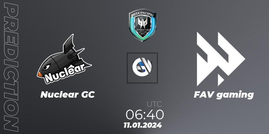 Pronóstico Nuclear GC - FAV gaming. 11.01.2024 at 06:40, VALORANT, Asia Pacific Predator League 2024