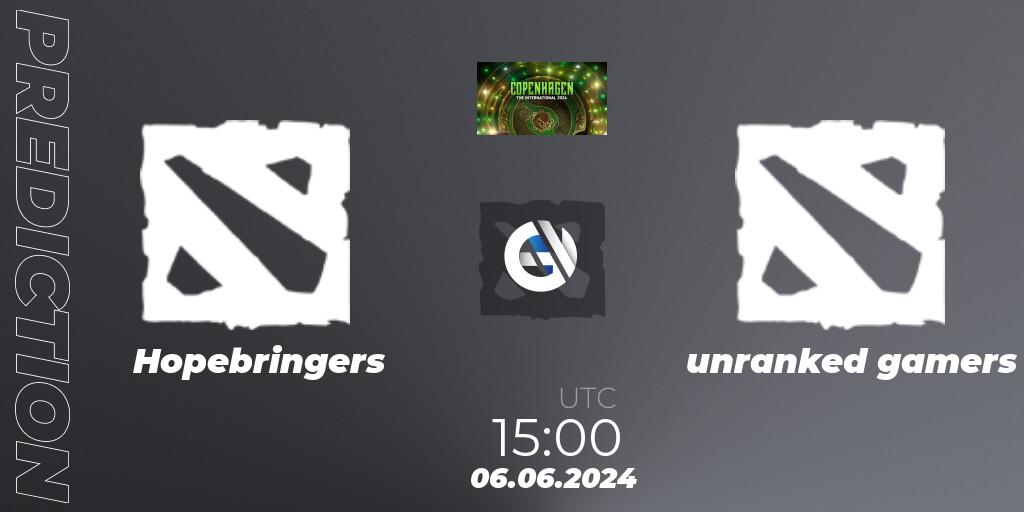 Pronóstico Hopebringers - unranked gamers. 06.06.2024 at 15:00, Dota 2, The International 2024: Western Europe Open Qualifier #1