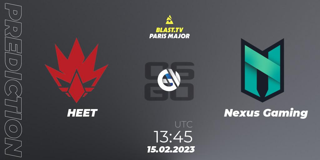 Pronóstico HEET - Nexus Gaming. 15.02.2023 at 13:45, Counter-Strike (CS2), BLAST.tv Paris Major 2023 Europe RMR Open Qualifier 2