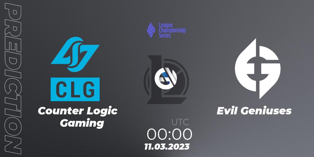 Pronóstico Counter Logic Gaming - Evil Geniuses. 11.03.23, LoL, LCS Spring 2023 - Group Stage