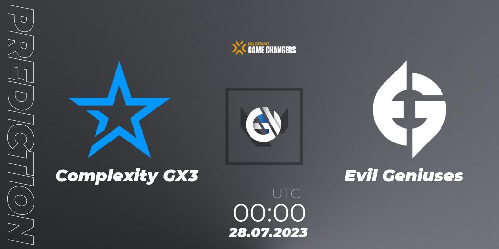 Pronóstico Complexity GX3 - Evil Geniuses. 28.07.2023 at 00:00, VALORANT, VCT 2023: Game Changers North America Series S2