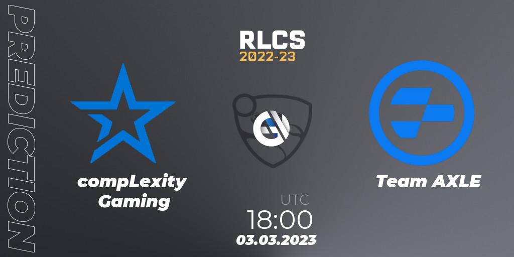 Pronóstico compLexity Gaming - Team AXLE. 03.03.2023 at 18:00, Rocket League, RLCS 2022-23 - Winter: North America Regional 3 - Winter Invitational